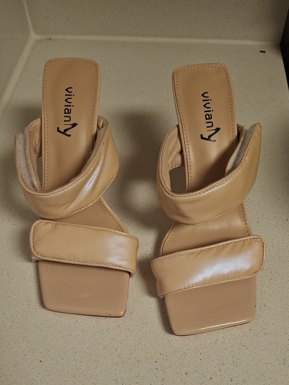 Vivianly Nude Padded Double-Strap Square-Toe Slide Mules